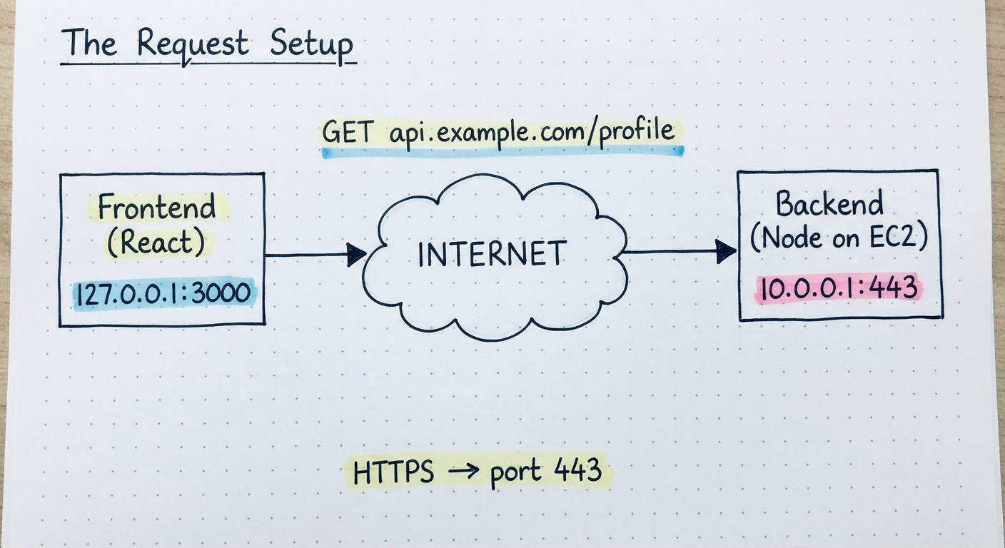 Frontend box at 127.0.0.1:3000 sending a request through the internet cloud to a backend at 10.0.0.1:443.