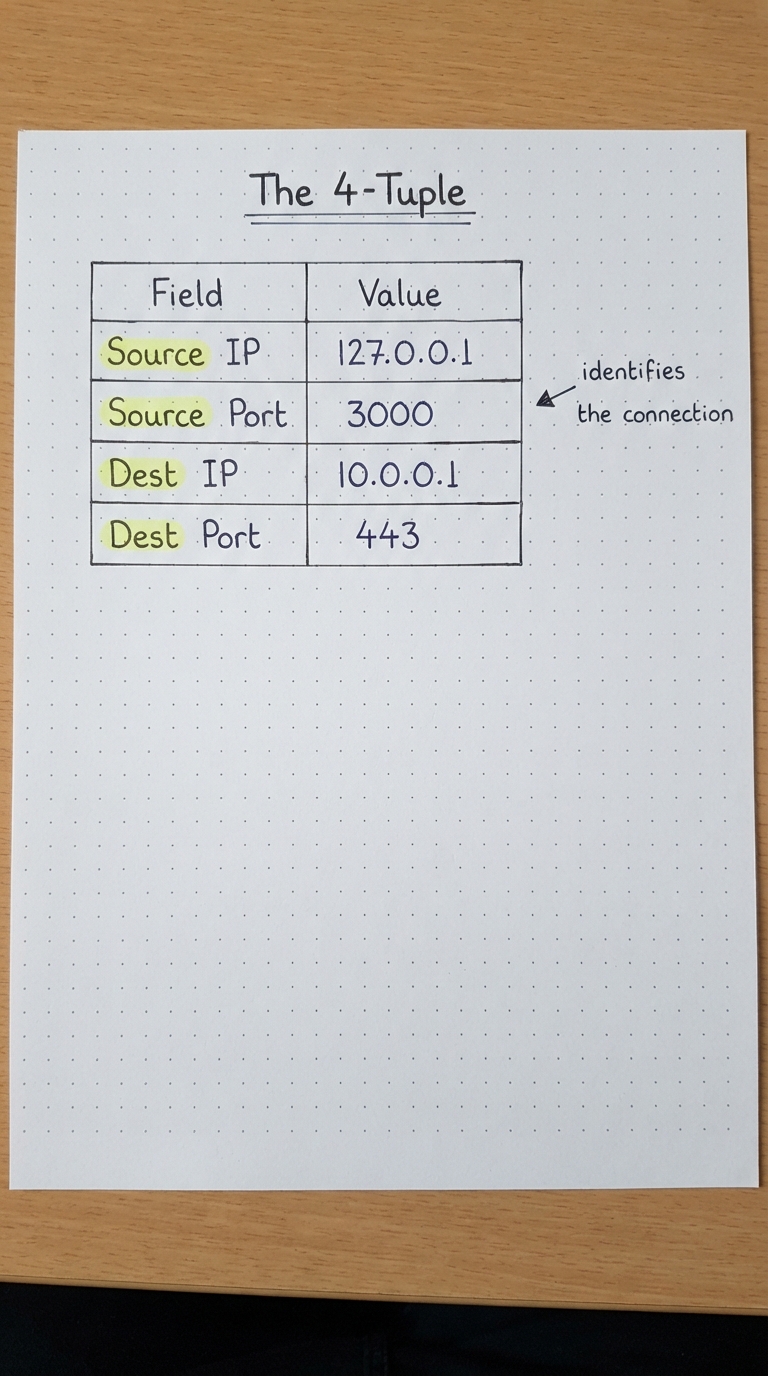 Table of source IP/port and destination IP/port that identify the connection.
