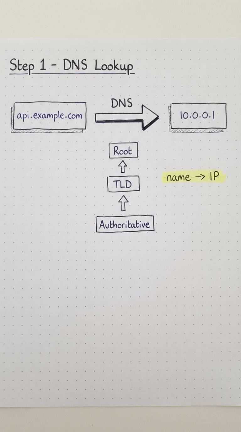 api.example.com resolved via DNS to 10.0.0.1 through root, TLD and authoritative servers.