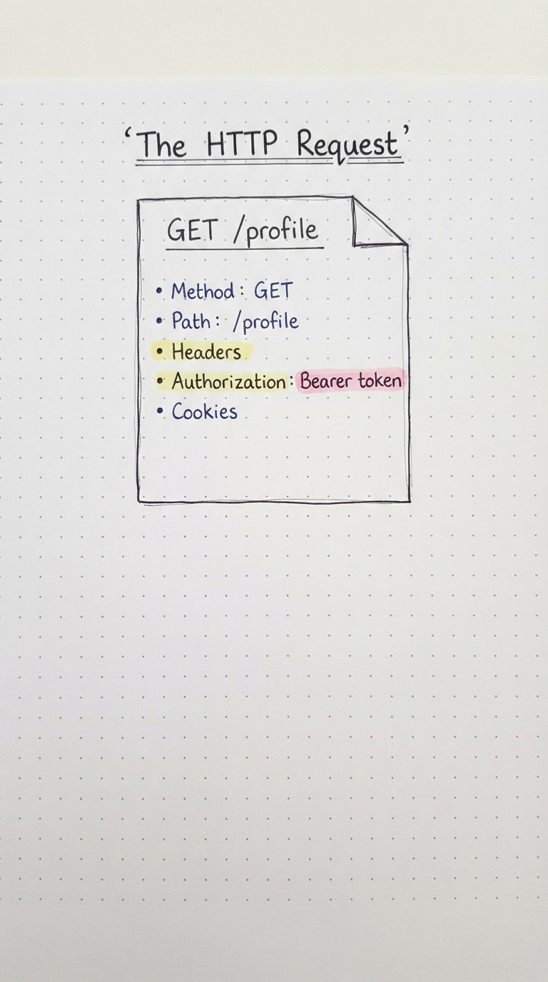 HTTP request document showing method, path, headers, bearer token and cookies.