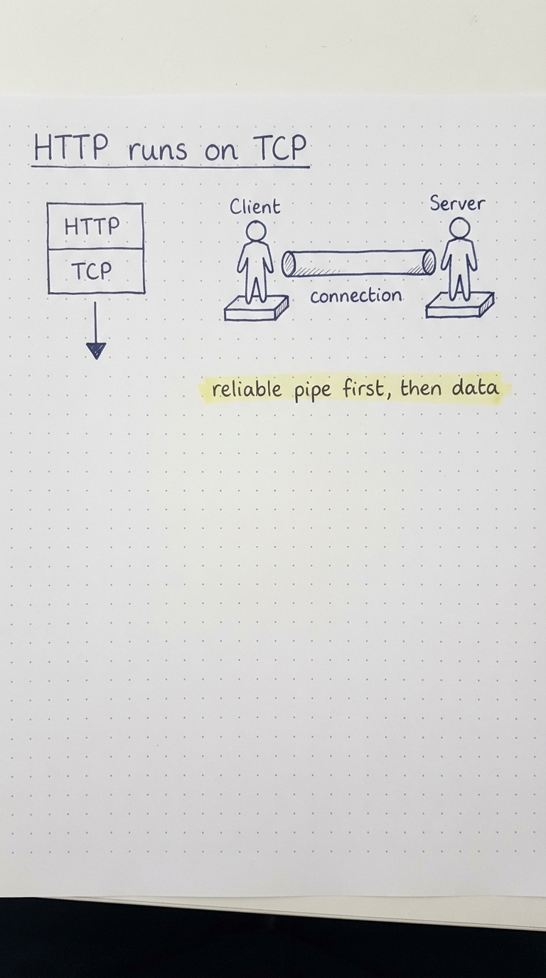 HTTP layered on top of TCP, with a client-server connection pipe.