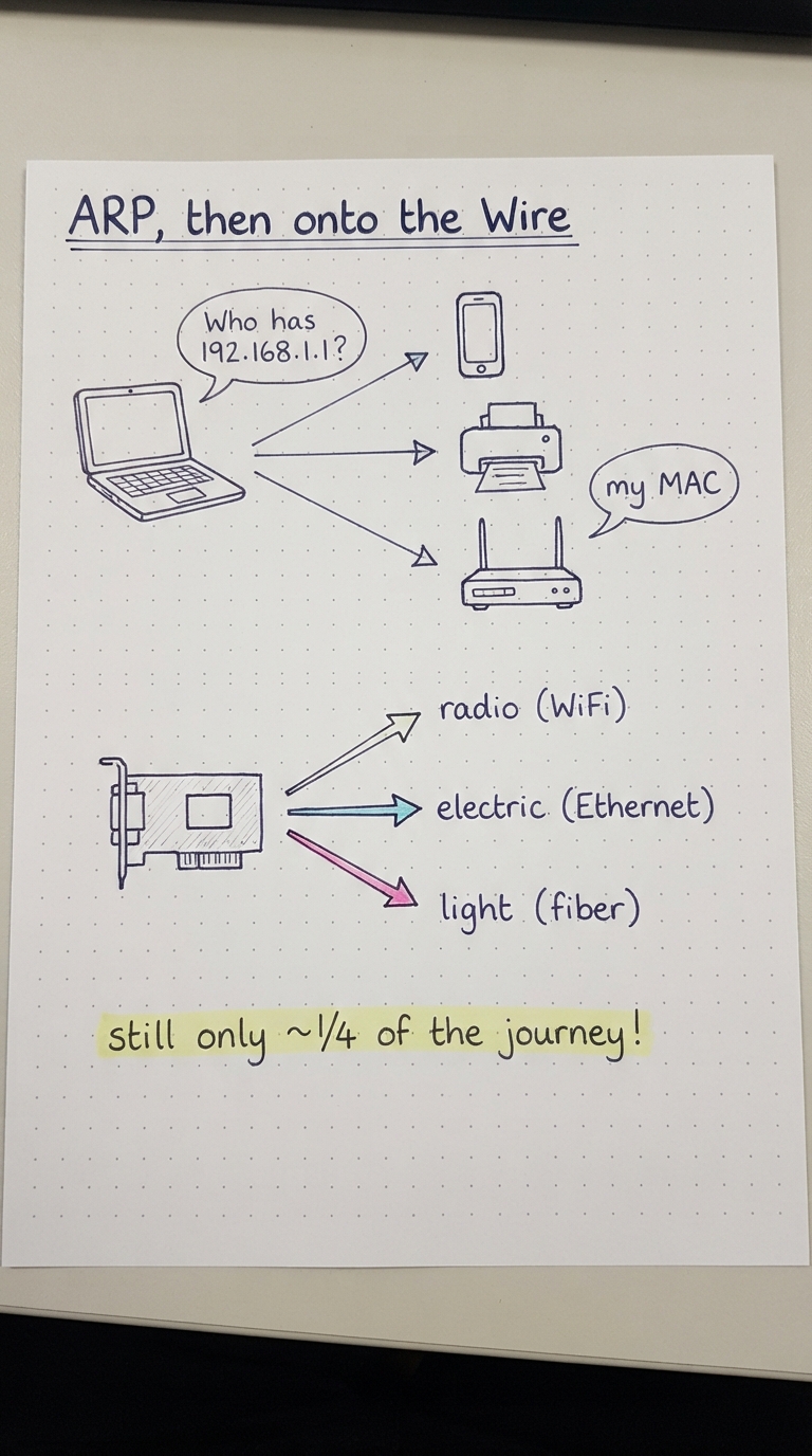 ARP broadcast asking who has the gateway IP, then the NIC emitting radio, electric and light signals.