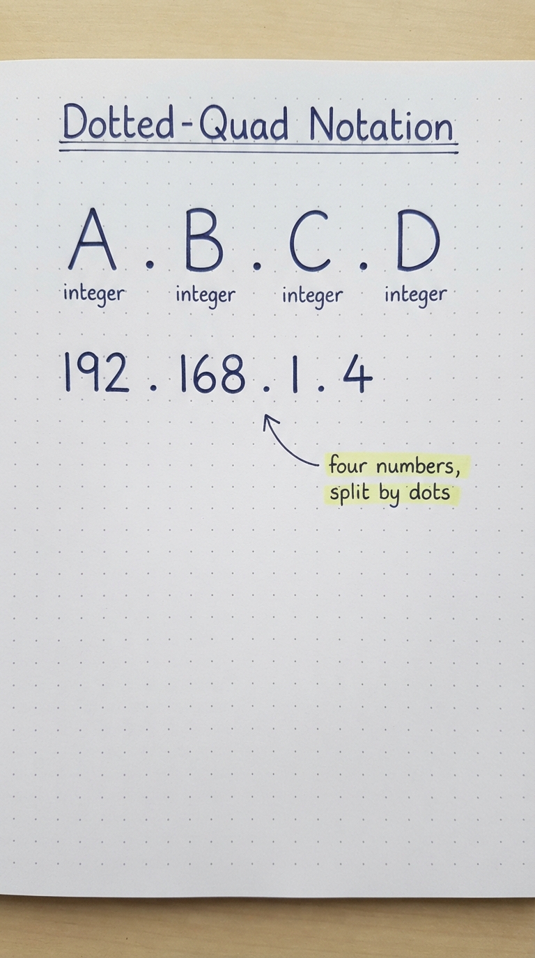 A.B.C.D template with each letter labelled integer, and the example 192.168.1.4.