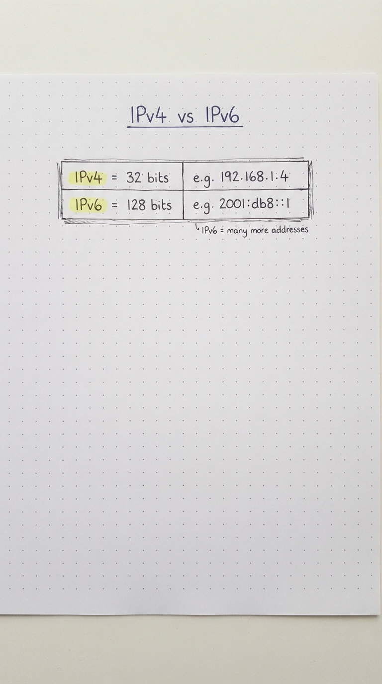 Table comparing IPv4 (32-bit) with IPv6 (128-bit).