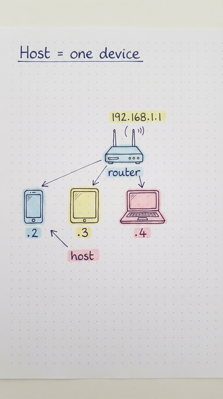 Router .1, phone .2, tablet .3, laptop .4 — each device a host with a unique IP.