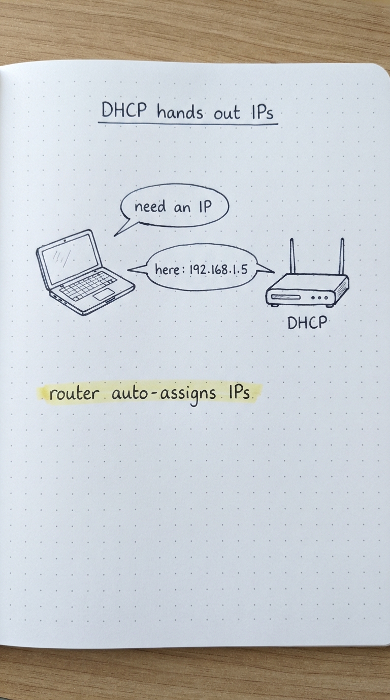 A new laptop asks the router (DHCP) for an IP and receives 192.168.1.5.