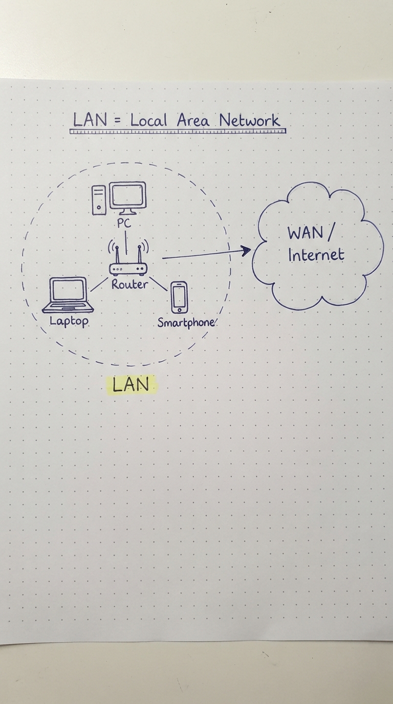 A dashed circle labelled LAN around a router and devices, with a WAN/Internet cloud outside.