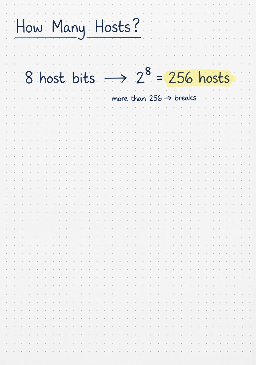 8 host bits gives 2^8 = 256 hosts.