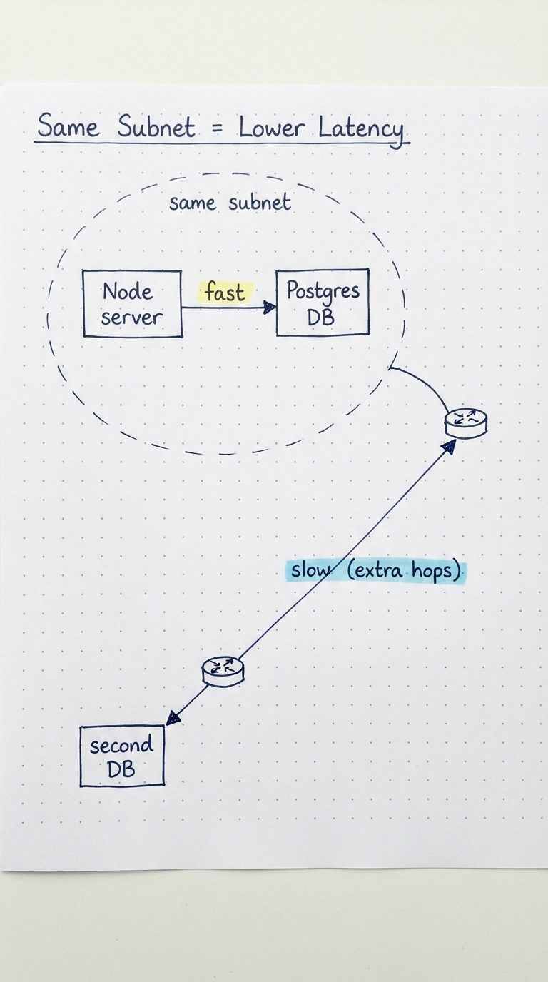 A Node server and Postgres DB in the same subnet (fast) vs a DB outside via routers (slow).