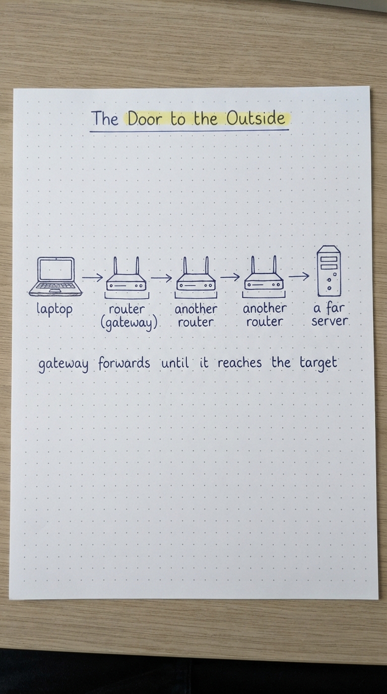 Laptop to router to router to router to a far server, forwarding hop by hop.