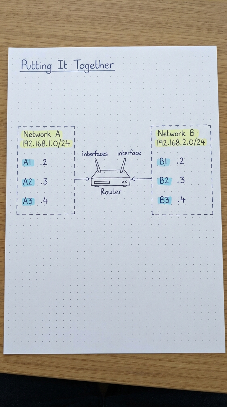 Network A (192.168.1.0/24) and Network B (192.168.2.0/24) joined by a router with two interfaces.