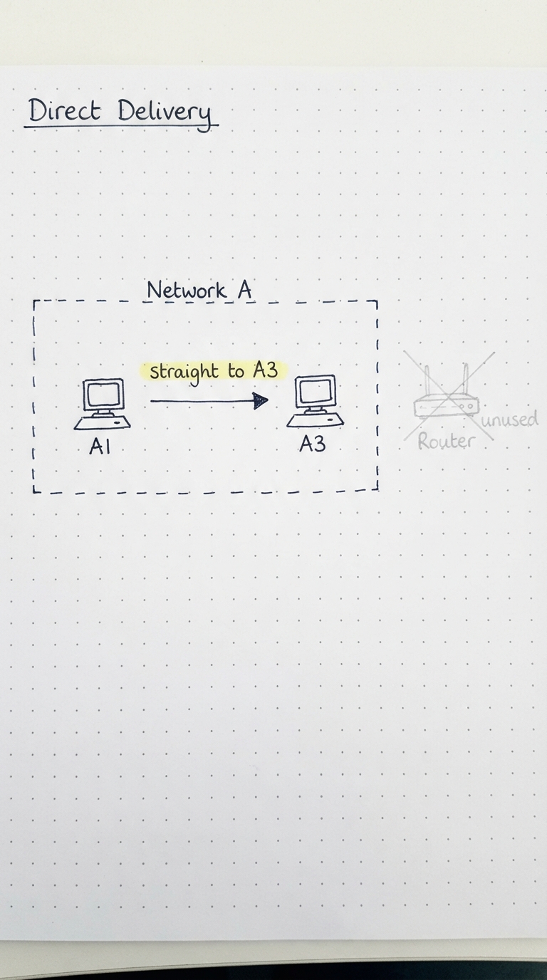 A1 sends straight to A3 inside Network A, router unused.