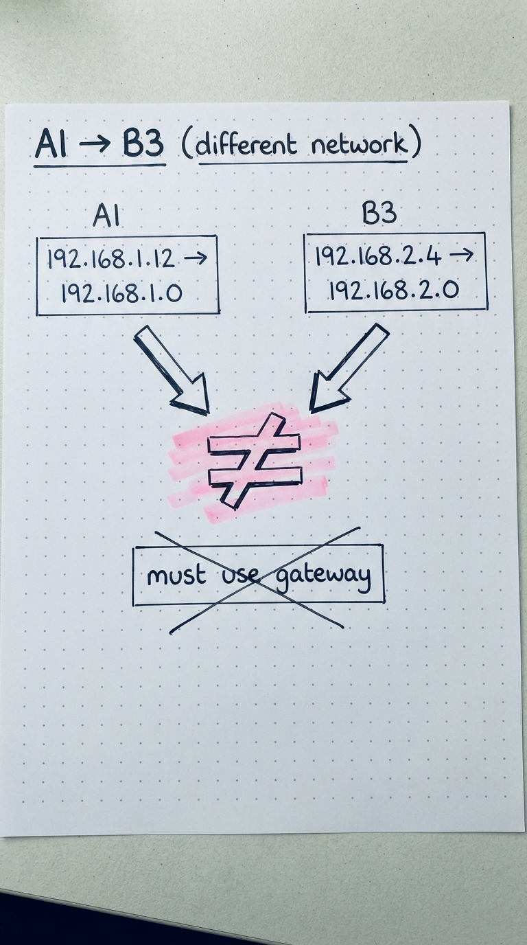 A1 reduces to 192.168.1.0 but B3 reduces to 192.168.2.0 — different networks.