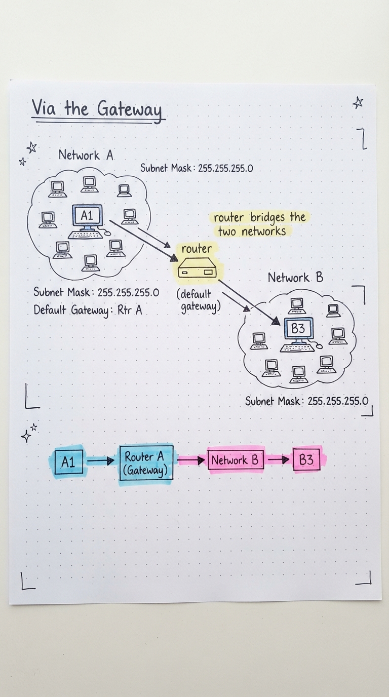 A1 sends to the router, which forwards through its second interface into Network B to reach B3.