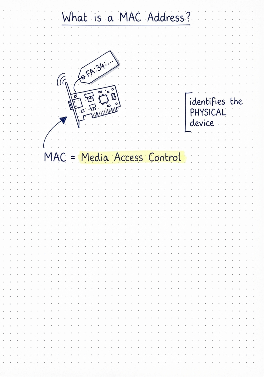 A NIC chip tagged with a MAC address; MAC = Media Access Control.