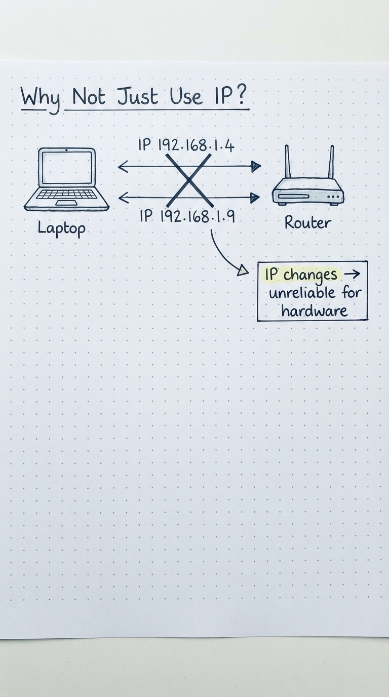 The same laptop getting 192.168.1.4 then 192.168.1.9 — IP changes, unreliable for hardware.