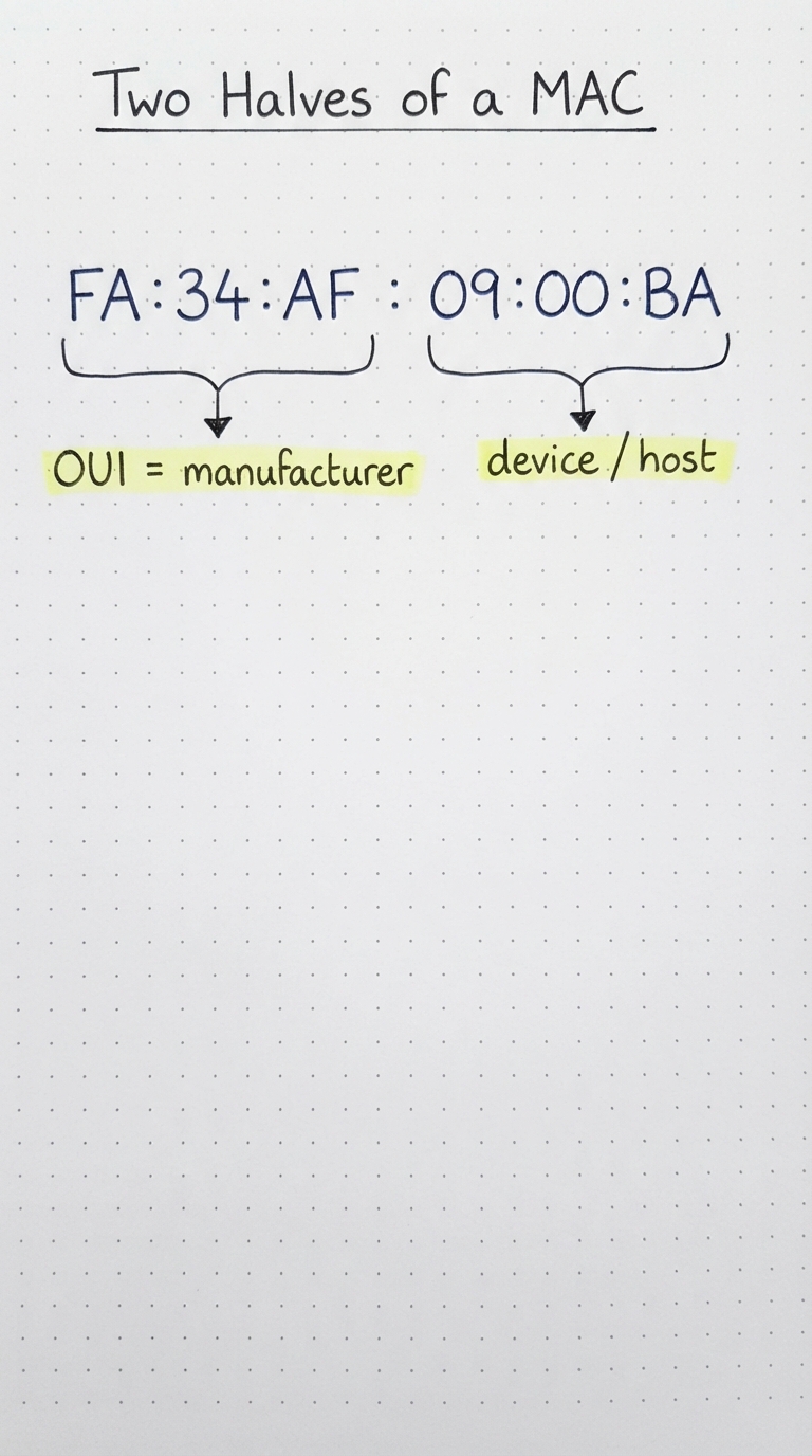 MAC split: first 3 bytes OUI (manufacturer), last 3 bytes device/host.
