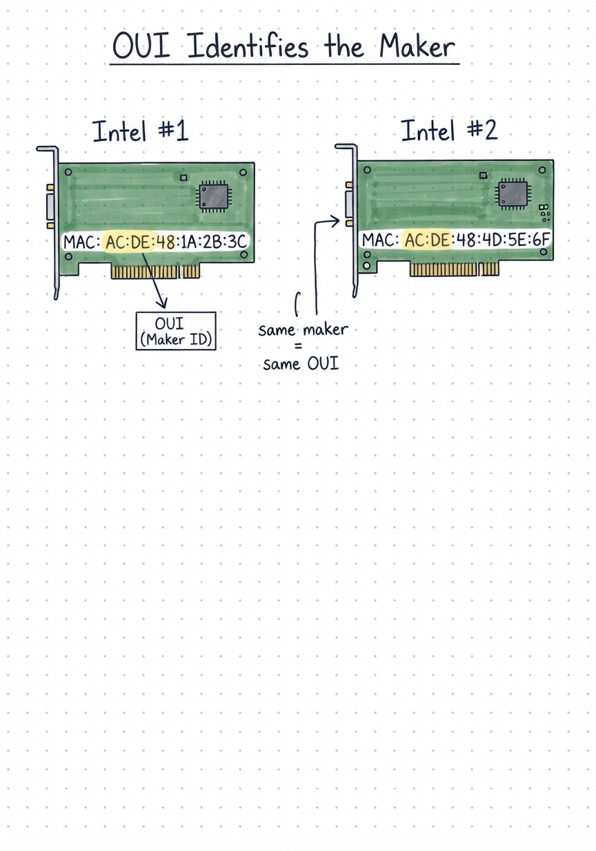 Two Intel NICs sharing OUI AC:DE:48 but differing in the last 3 bytes.