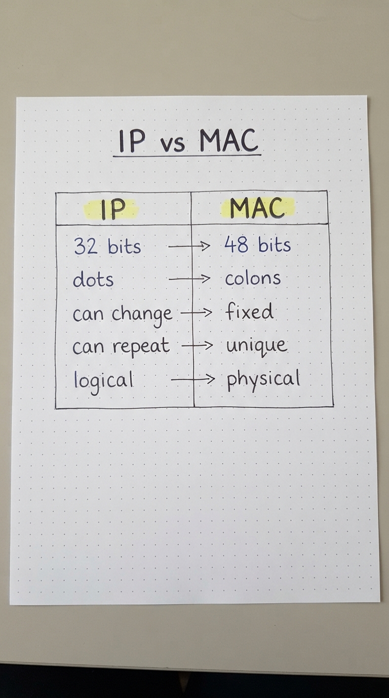 Comparison table of IP (32-bit, dots, changeable, logical) vs MAC (48-bit, colons, fixed, physical).