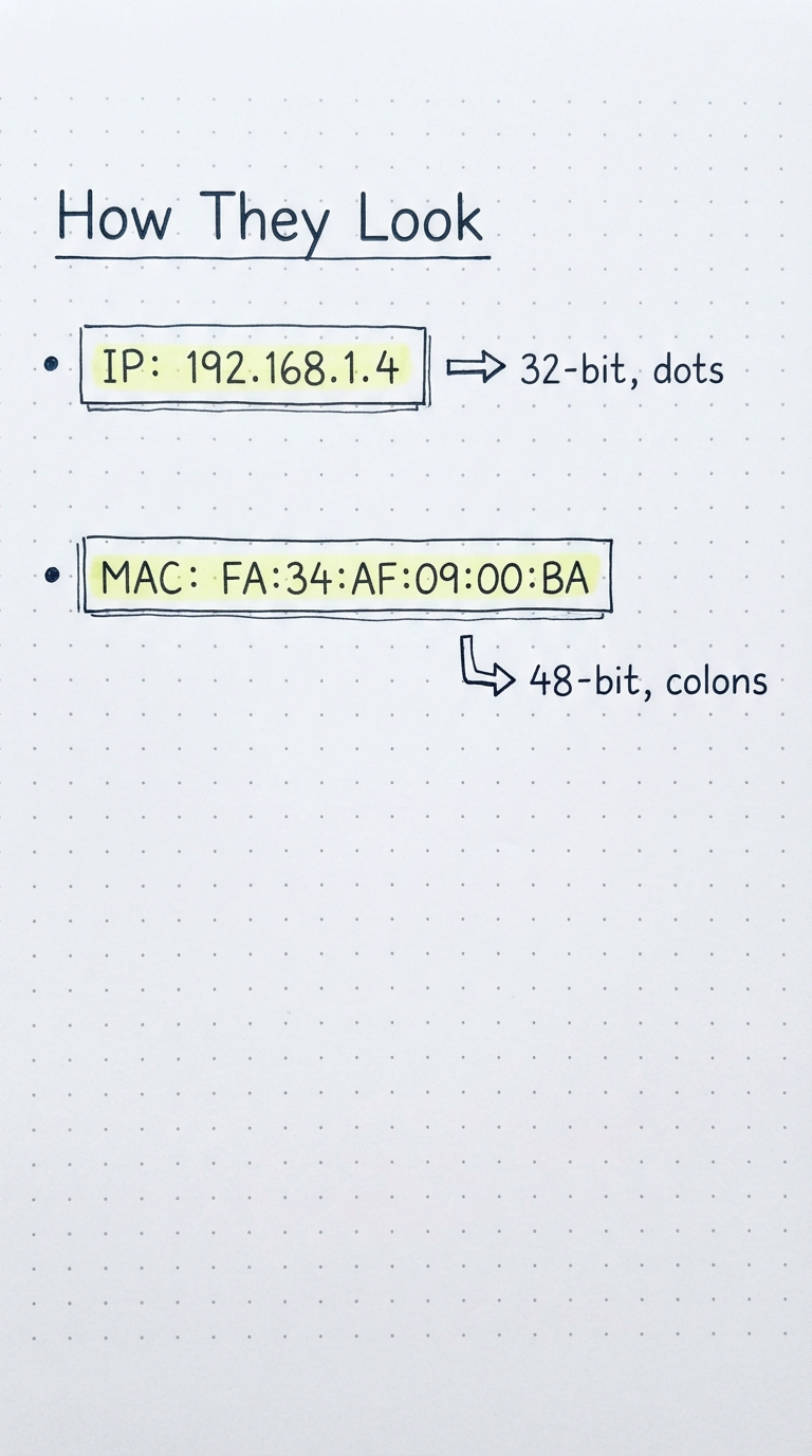 IP 192.168.1.4 (32-bit, dots) vs MAC FA:34:AF:09:00:BA (48-bit, colons).