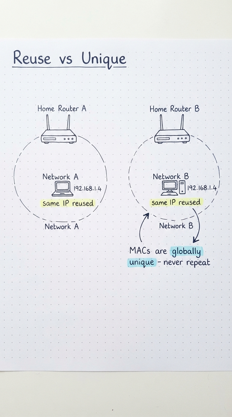 Two separate home networks both using 192.168.1.4; MACs never repeat.