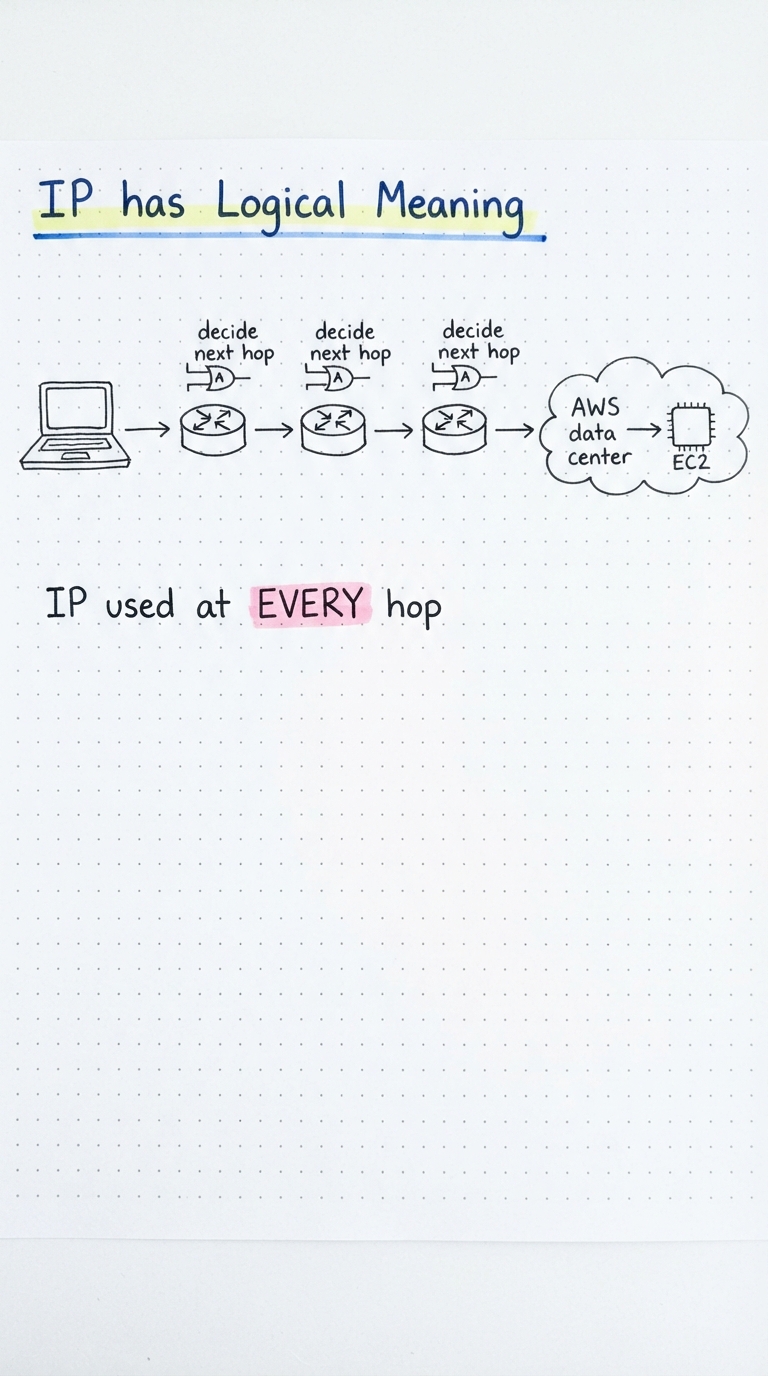 Laptop through several routers to an AWS data center EC2; IP used to decide the next hop at every router.