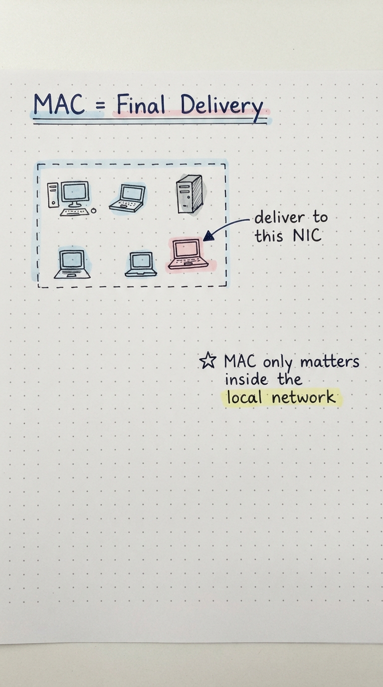 On the destination network, the packet is delivered to the exact device whose MAC matches.