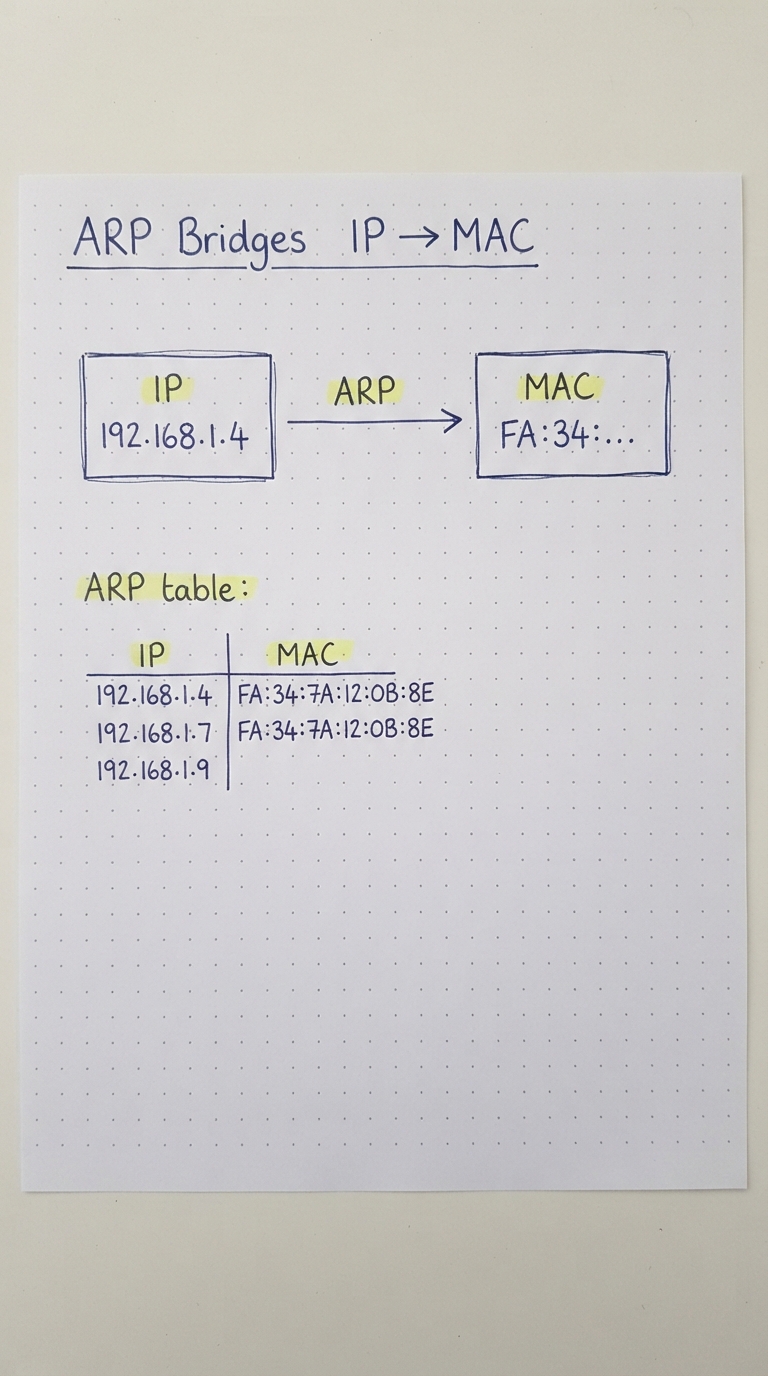IP resolved to MAC via ARP, with an IP|MAC ARP table.