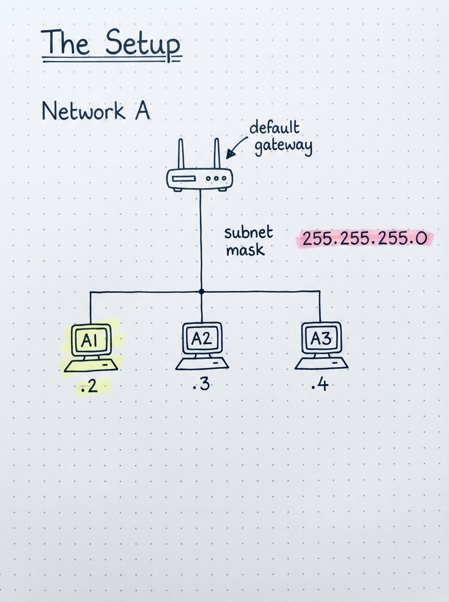 Network A with a router (gateway) and hosts A1, A2, A3, mask 255.255.255.0.