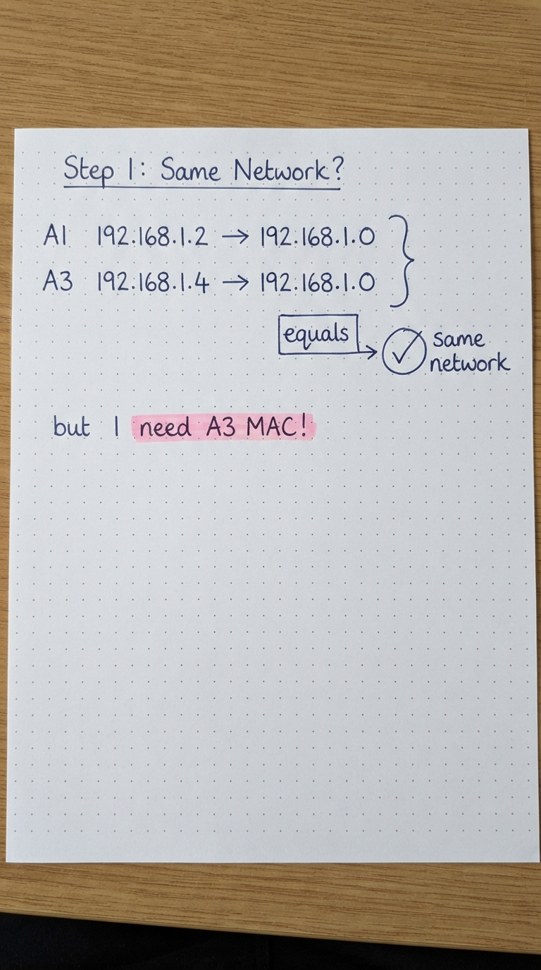 A1 and A3 both reduce to 192.168.1.0, but A1 still needs A3’s MAC.