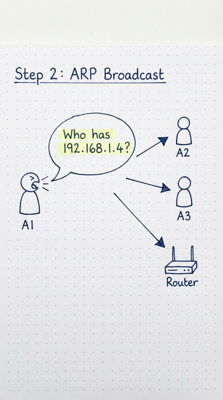 A1 broadcasts "who has 192.168.1.4?" to A2, A3 and the router.
