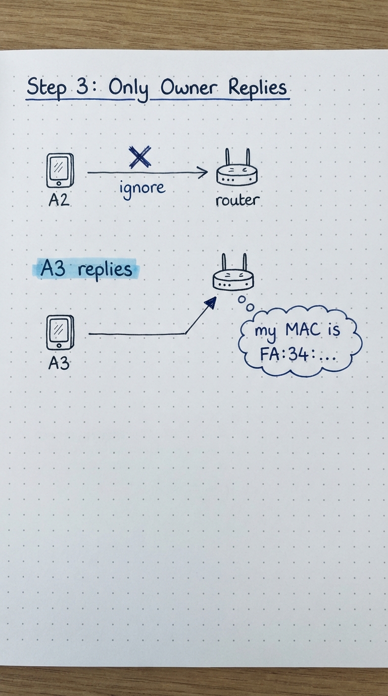 A2 and the router ignore it; A3 replies with its MAC.