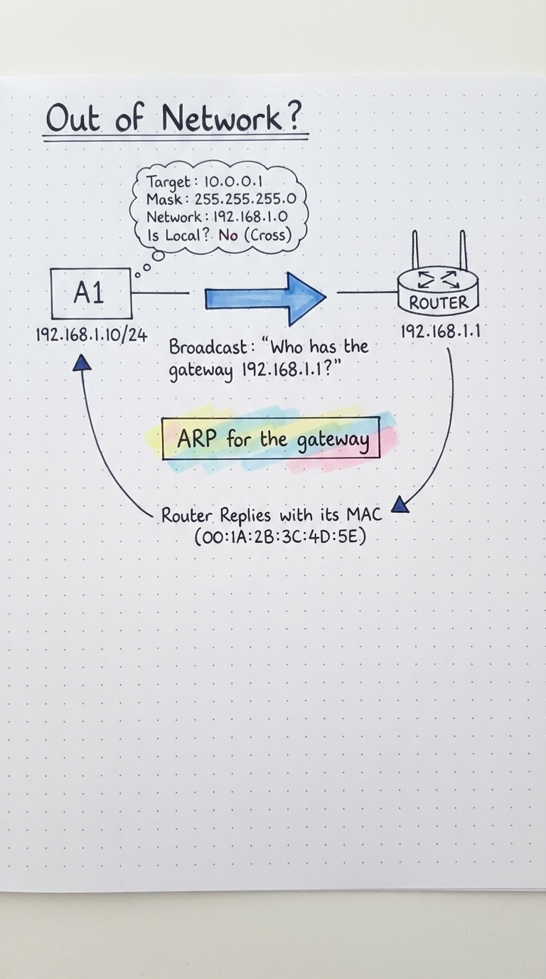 For a non-local target, A1 ARPs for the gateway’s IP; only the router replies.