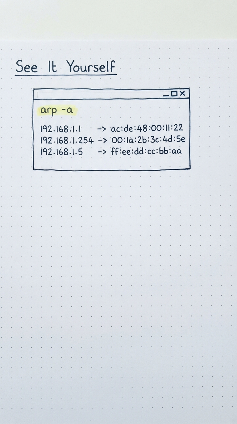 A terminal running arp -a listing IP → MAC entries including the gateway.