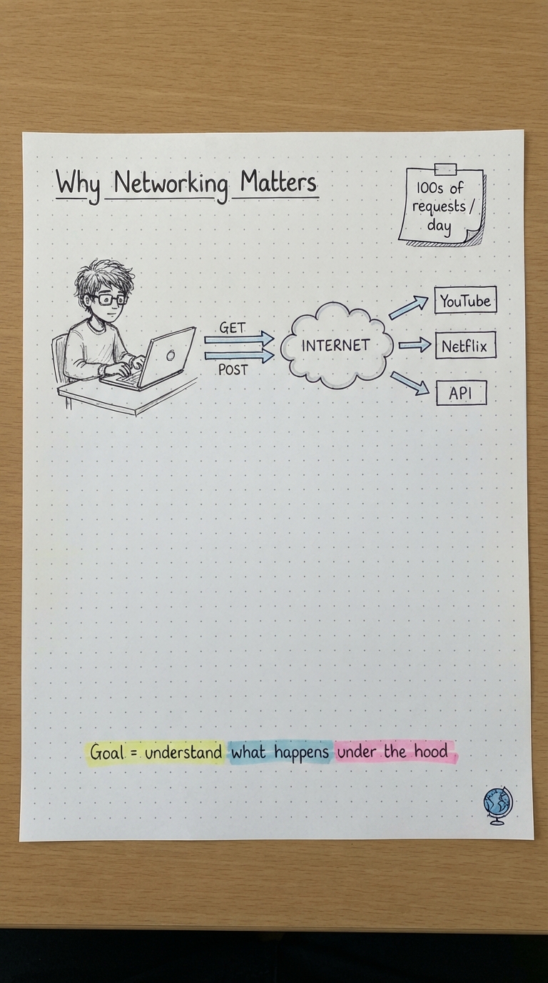 Handwritten notes: a developer firing GET/POST requests through the internet cloud to YouTube, Netflix and API servers.