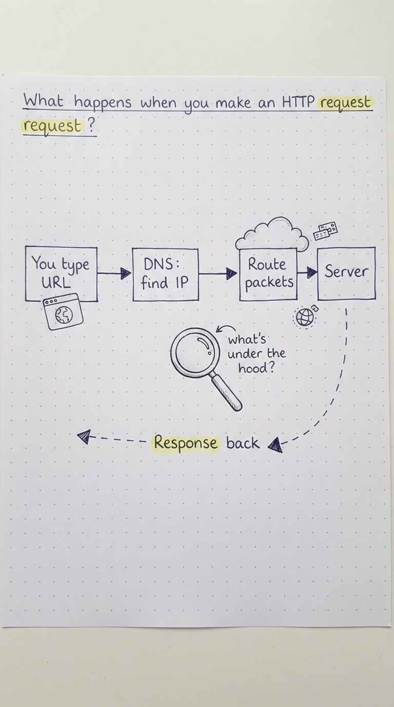 Handwritten flow: type URL, DNS finds IP, route packets through the internet, reach server, response returns.
