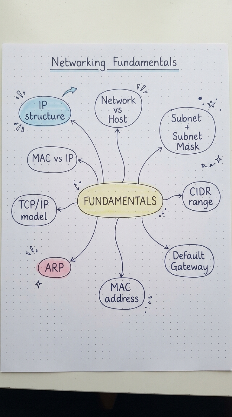 Handwritten mind-map of networking fundamentals branching from a central FUNDAMENTALS bubble.