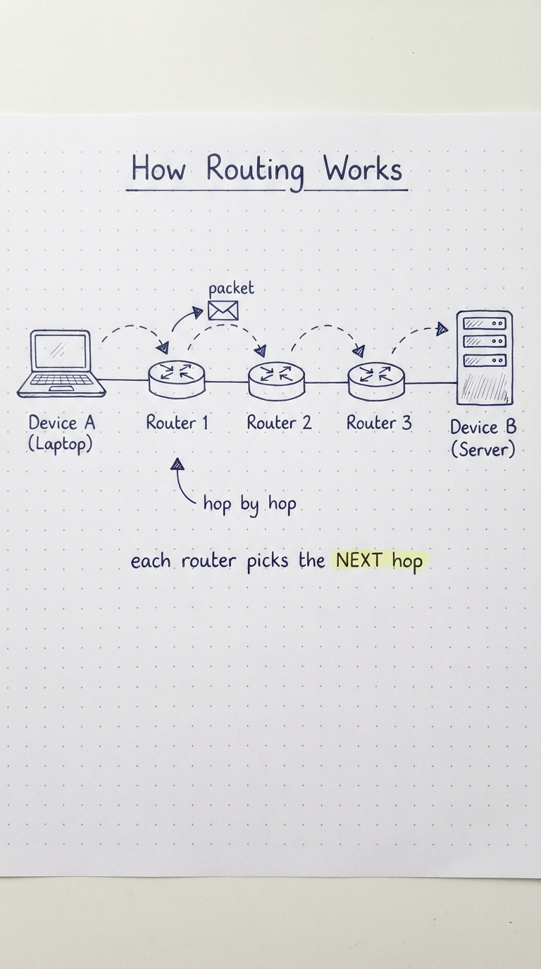 Handwritten diagram: a packet envelope hopping router to router from device A to device B.
