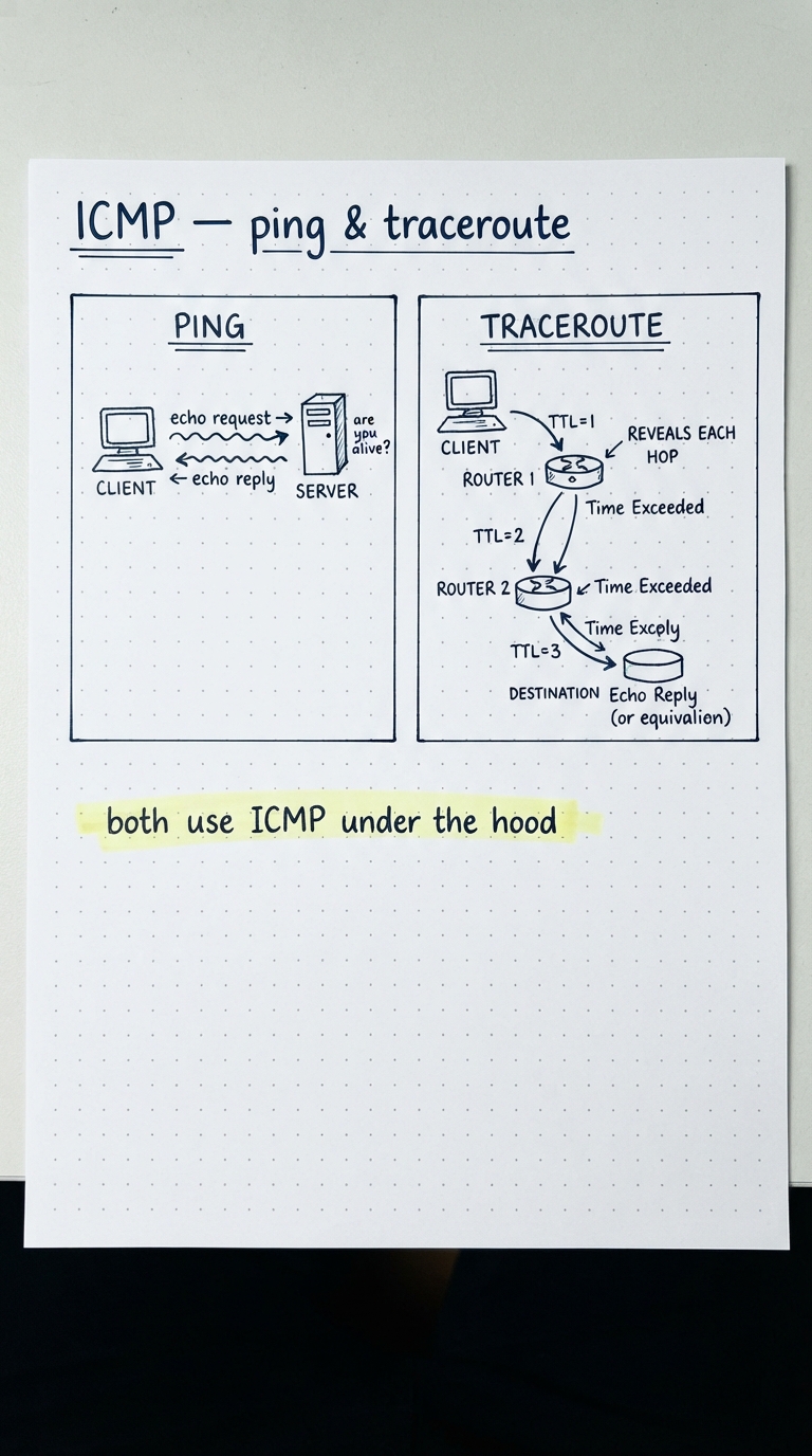 Handwritten two-panel diagram: ping echo request/reply, and traceroute revealing hops with increasing TTL.