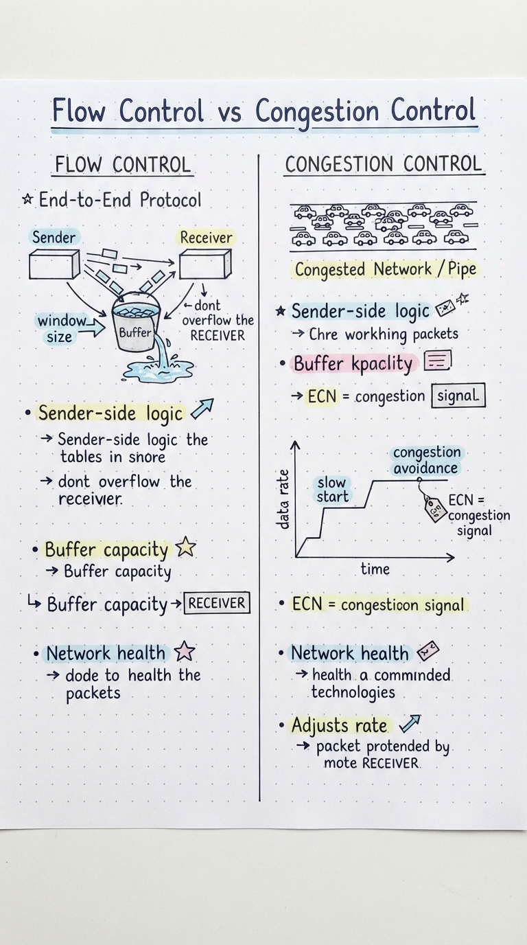 Handwritten two-column notes contrasting flow control (protect the receiver) with congestion control (protect the network).