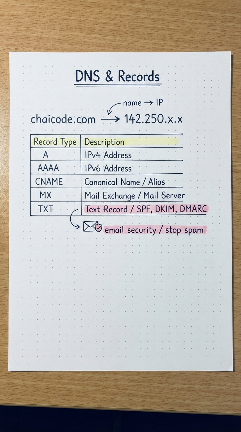 Handwritten notes: name-to-IP resolution and a table of DNS records (A, AAAA, CNAME, MX, TXT) with email-security note.