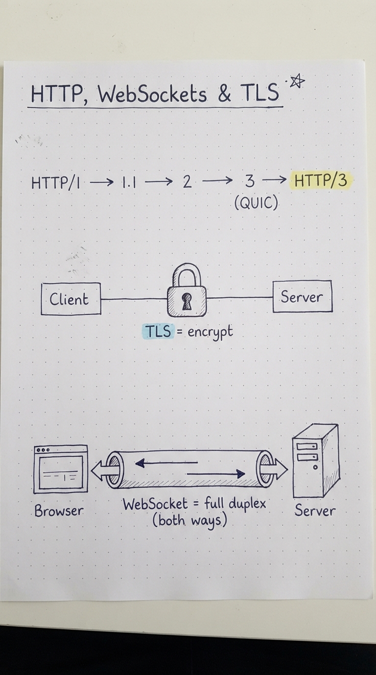 Handwritten notes: HTTP version timeline, a TLS padlock for encryption, and a WebSocket full-duplex pipe.