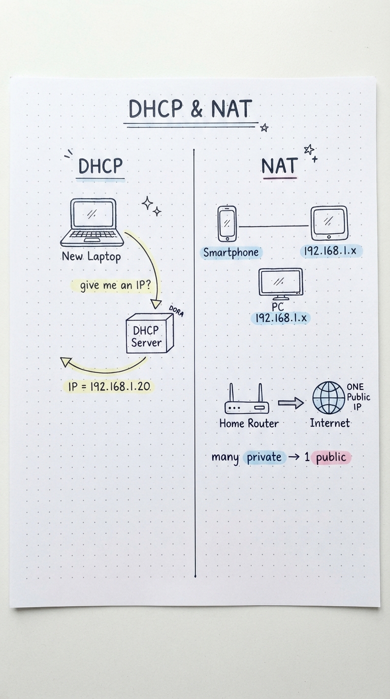 Handwritten notes: DHCP handing an IP to a new device, and NAT mapping many private IPs to one public IP.