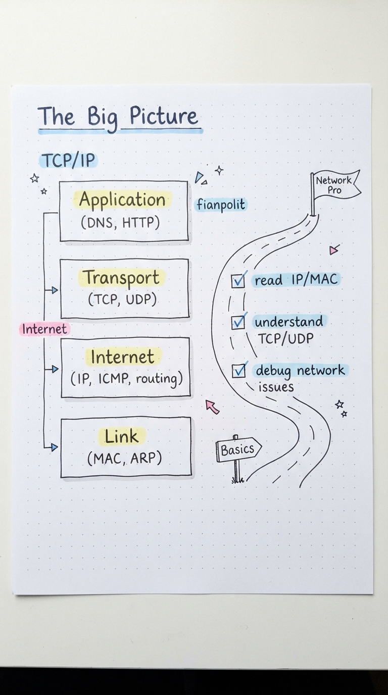 Handwritten notes: the TCP/IP layered stack and a road from Basics to Network Pro with checkboxes.