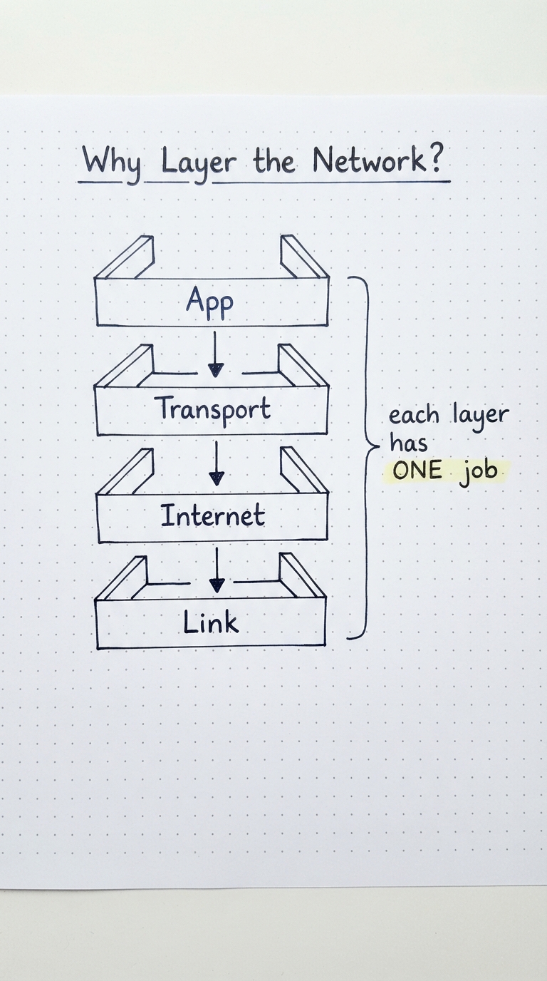 A vertical stack of trays each passing a package down: App, Transport, Internet, Link.