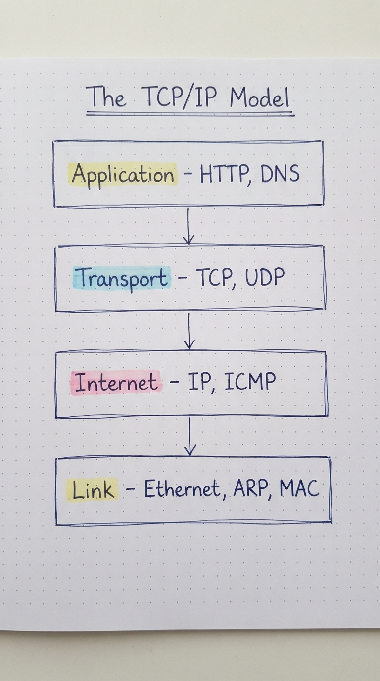 Four stacked boxes: Application (HTTP/DNS), Transport (TCP/UDP), Internet (IP/ICMP), Link (Ethernet/ARP).