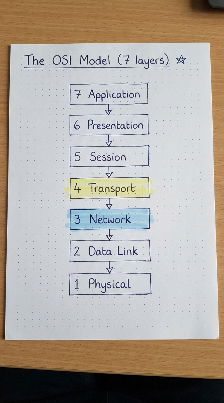 The seven OSI layers numbered 7 down to 1.