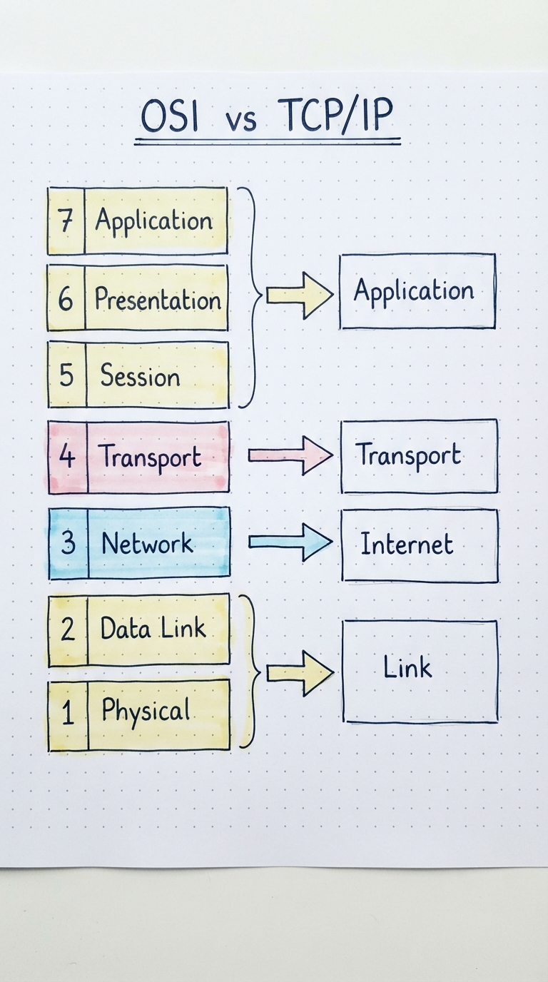 Arrows mapping OSI 7/6/5 to Application, 4 to Transport, 3 to Internet, 2/1 to Link.