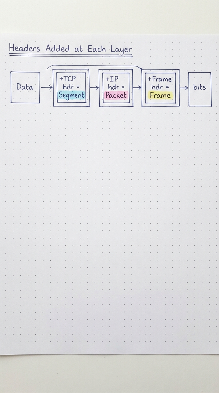Data becomes Segment (+TCP), then Packet (+IP), then Frame (+frame header), then bits.