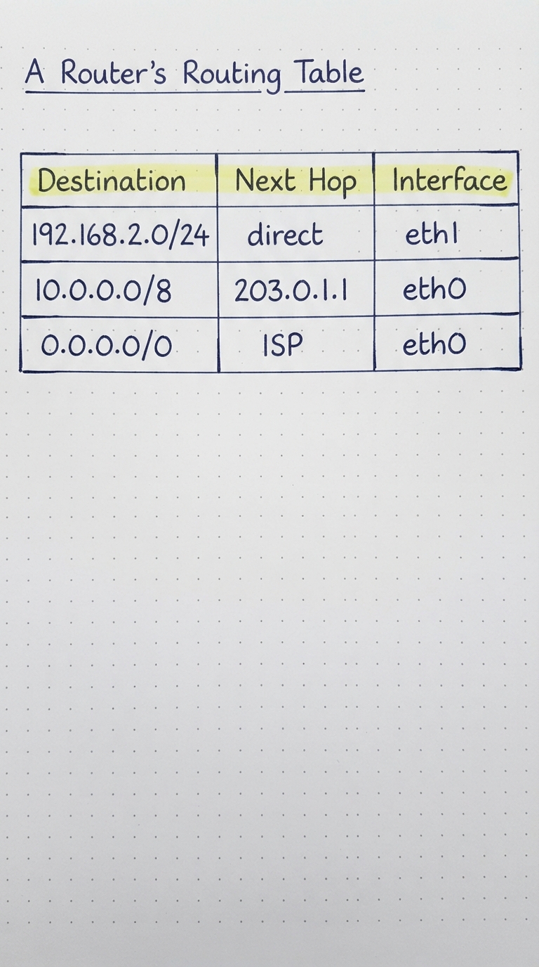 A routing table with Destination, Next Hop and Interface columns.